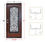 KaMic 36" x 80" Environment Damage Resistant Polyurethane Composite Exterior Entry House Front Door, Wrought Iron Door w/ Openable Tempered Rain Glass Window, Right-Hand Single Door Inward Swing Dark Walnut