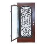 KaMic 36" x 80" Environment Damage Resistant Polyurethane Composite Exterior Entry House Front Door, Wrought Iron Door w/ Openable Tempered Rain Glass Window, Right-Hand Single Door Inward Swing Dark Walnut