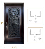 KaMic 36" x 80" Environment Damage Resistant Polyurethane Composite Exterior Entry House Front Door, Wrought Iron Door w/ Openable Tempered Rain Glass Window, Right-Hand Single Door Inward Swing Dark Walnut