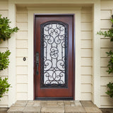 KaMic 36" x 80" Environment Damage Resistant Polyurethane Composite Exterior Entry House Front Door, Wrought Iron Door w/ Openable Tempered Rain Glass Window, Right-Hand Single Door Inward Swing Dark Walnut