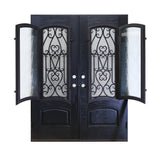 KaMic 60" x 80" Environment Damage Resistant Polyurethane Composite Exterior Entry House Front Door, Wrought Iron Door w/ Openable Tempered Rain Glass Window, Left-Hand Double Door Inward Swing Espresso