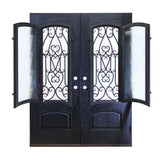 KaMic 60" x 80" Environment Damage Resistant Polyurethane Composite Exterior Entry House Front Door, Wrought Iron Door w/ Openable Tempered Rain Glass Window, Left-Hand Double Door Inward Swing Espresso