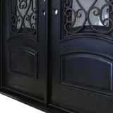 KaMic 60" x 80" Environment Damage Resistant Polyurethane Composite Exterior Entry House Front Door, Wrought Iron Door w/ Openable Tempered Rain Glass Window, Left-Hand Double Door Inward Swing Espresso