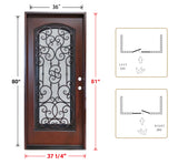 KaMic 36" x 80" Environment Damage Resistant Polyurethane Composite Exterior Entry House Front Door, Wrought Iron Door w/ Openable Tempered Rain Glass Window, Left-Hand Single Door Inward Swing Dark Walnut