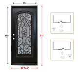 KaMic 36" x 80" Environment Damage Resistant Polyurethane Composite Exterior Entry House Front Door, Wrought Iron Door w/ Openable Tempered Rain Glass Window, Right-Hand Single Door Inward Swing Espresso