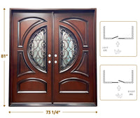 KaMic 72" x 80" Environment Damage Resistant Polyurethane Composite Exterior Entry House Front Door, Wrought Iron Door w/ Openable Tempered Rain Glass Window, Right-Hand Double Door Inward Swing Dark Walnut