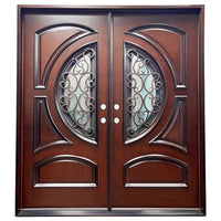 KaMic 72" x 80" Environment Damage Resistant Polyurethane Composite Exterior Entry House Front Door, Wrought Iron Door w/ Openable Tempered Rain Glass Window, Right-Hand Double Door Inward Swing Dark Walnut