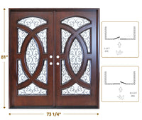 KaMic 72" x 80" Environment Damage Resistant Polyurethane Composite Exterior Entry House Front Door with Double Layer Rain Glass Left-Hand Double Door Inward Swing Dark Walnut