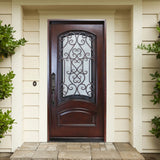 KaMic 36" x 80" Environment Damage Resistant Polyurethane Composite Exterior Entry House Front Door, Wrought Iron Door w/ Openable Tempered Rain Glass Window, Right-Hand Single Door Inward Swing Dark Walnut