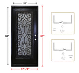 KaMic 36" x 80" Environment Damage Resistant Polyurethane Composite Exterior Entry House Front Door, Wrought Iron Door w/ Openable Tempered Rain Glass Window, Left-Hand Single Door Inward Swing Espresso