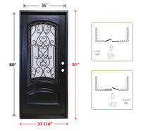 KaMic 36" x 80" Environment Damage Resistant Polyurethane Composite Exterior Entry House Front Door, Wrought Iron Door w/ Openable Tempered Rain Glass Window, Left-Hand Single Door Inward Swing Espresso