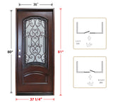 KaMic 36" x 80" Environment Damage Resistant Polyurethane Composite Exterior Entry House Front Door, Wrought Iron Door w/ Openable Tempered Rain Glass Window, Right-Hand Single Door Inward Swing Dark Walnut