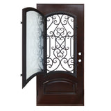 KaMic 36" x 80" Environment Damage Resistant Polyurethane Composite Exterior Entry House Front Door, Wrought Iron Door w/ Openable Tempered Rain Glass Window, Right-Hand Single Door Inward Swing Dark Walnut