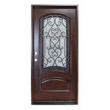 KaMic 36" x 80" Environment Damage Resistant Polyurethane Composite Exterior Entry House Front Door, Wrought Iron Door w/ Openable Tempered Rain Glass Window, Right-Hand Single Door Inward Swing Dark Walnut