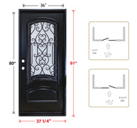 KaMic 36" x 80" Environment Damage Resistant Polyurethane Composite Exterior Entry House Front Door, Wrought Iron Door w/ Openable Tempered Rain Glass Window, Right-Hand Single Door Inward Swing Espresso