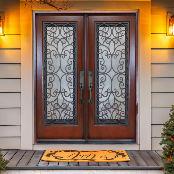 KaMic 72" x 80" Environment Damage Resistant Polyurethane Composite Exterior Entry House Front Door, Wrought Iron Door w/ Openable Tempered Rain Glass Window, Right-Hand Double Door Inward Swing Dark Walnut