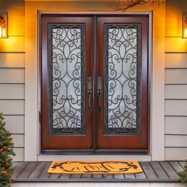 KaMic 72" x 80" Environment Damage Resistant Polyurethane Composite Exterior Entry House Front Door, Wrought Iron Door w/ Openable Tempered Rain Glass Window, Left-Hand Double Door Inward Swing Dark Walnut