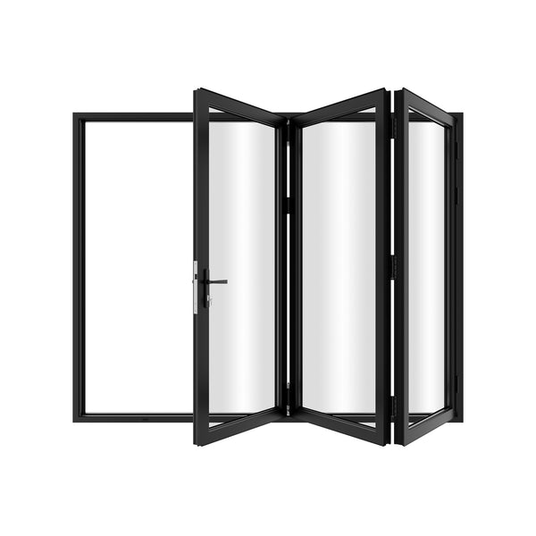 KaMic 108" x 80" 3 Panels Aluminum Folding Doors in Black, Folded Out from Left to Right Model #: FD3PBK10880-LR