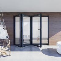 KaMic 108" x 96" 3 Panels Aluminum Folding Doors in Black, Folded Out from Right to Left Model #: FD3PBK10896-RL