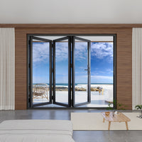 KaMic 96" x 80" 3 Panels Aluminum Folding Doors in Black, Folded Out from Left to Right Model #: FD3PBK9680-LR