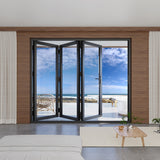 KaMic 96" x 80" 3 Panels Aluminum Folding Doors in Black, Folded Out from Left to Right Model #: FD3PBK9680-LR