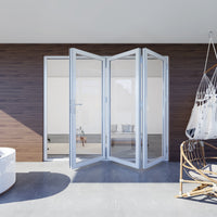 KaMic 96" x 80" 3 Panels Aluminum Folding Doors In White, Folded Out From Left To Right Model #: FD3PWH9680-LR