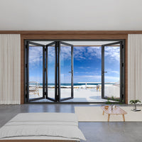 KaMic 120" x 96" 4 Panels Alumnium Folding Door in Black, One Door Right Swing Out Three Door Folded from Left to Right Model #: FD4PBK12096-LR