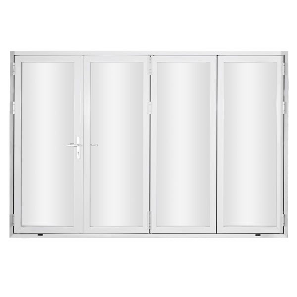 KaMic 120" x 80" 4 Panels Aluminum Folding Door In White, One Door Right Swing Out Three Door Folded From Left To Right Model #: FD4PWH12080-LR