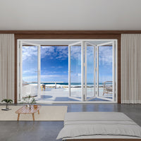 KaMic 120" x 80" 4 Panels Aluminum Folding Door In White, One Door Right Swing Out Three Door Folded From Right To Left Model #: FD4PWH12080-RL