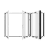 KaMic 120" x 96" 4 Panels Aluminum Folding Door In White, One Door Right Swing Out Three Door Folded From Left To Right Model #: FD4PWH12096-LR