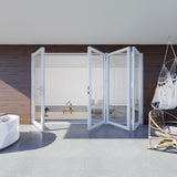 KaMic Versa-Fold 120" x 96" 4 Panels Aluminum Folding Door In White, One Door Right Swing Out Three Door Folded From Left To Right Model #: FD4PWH12096-LR