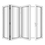 KaMic Versa-Fold 120" x 96" 4 Panels Aluminum Folding Door In White, One Door Right Swing Out Three Door Folded From Right To Left Model #: FD4PWH12096-RL