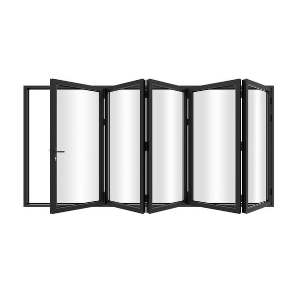 KaMic 168" x 80" 5 Panels Alumium Folding Door in Black, Folded Out from Left to Right Model #: FD5PBK16880-LR