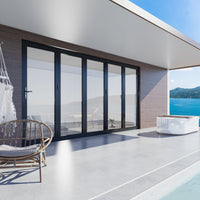 KaMic 168" x 80" 5 Panels Alumium Folding Door in Black, Folded Out from Left to Right Model #: FD5PBK16880-LR