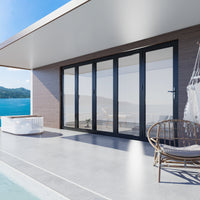 KaMic 168" x 80" 5 Panels Alumium Folding Door in Black, Folded Out from Right to Left Model #: FD5PBK16880-RL