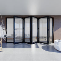 KaMic 168" x 96" 5 Panels Aluminum Folding Doors in Black, Folded Out from Left to Right Model #: FD5PBK16896-LR