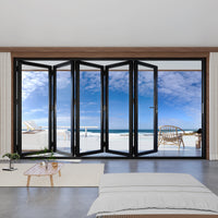 KaMic 168" x 96" 5 Panels Aluminum Folding Doors in Black, Folded Out from Left to Right Model #: FD5PBK16896-LR