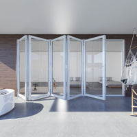 KaMic 144" x 80" 5 Panels Aluminum Folding Door In White, Folded Out From Right To Left Model #: FD5PWH14480-RL