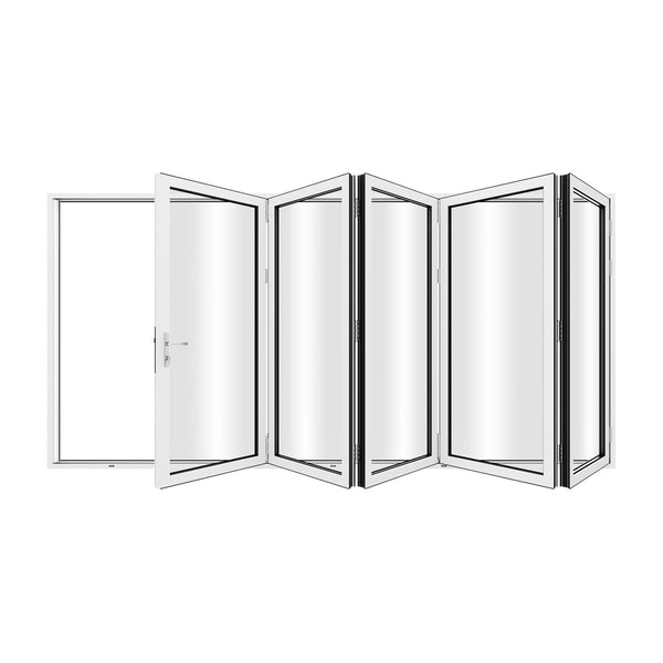 KaMic 168" x 80" 5 Panels Aluminum Folding Door In White, Folded Out From Left To Right Model #: FD5PWH16880-LR