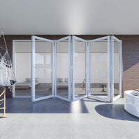 KaMic 168" x 80" 5 Panels Aluminum Folding Door In White, Folded Out From Left To Right Model #: FD5PWH16880-LR