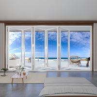 KaMic 168" x 80" 5 Panels Aluminum Folding Door In White, Folded Out From Left To Right Model #: FD5PWH16880-LR