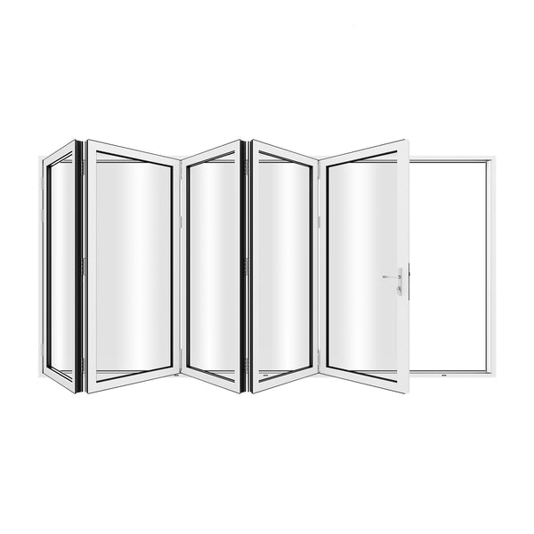 KaMic 168" x 96" 5 Panels Aluminum Folding Door In White, Folded Out From Right To Left Model #: FD5PWH16896-RL