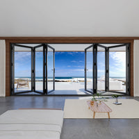 KaMic 192" x 80" 6 Panels Aluminum Folding Doors in Black, Folded Out from Dual Open Model #: FD6PBK19280-DO