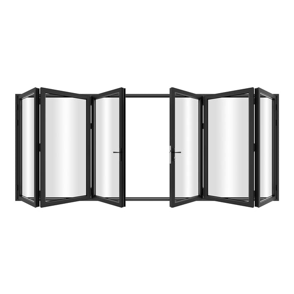 KaMic 192" x 96" 6 Panels Alumium Folding Door in Black, Folded Out from Dual Open Model #: FD6PBK19296-DO