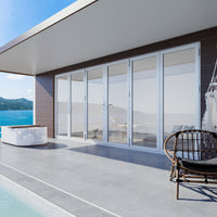 KaMic 192" x 80" 6 Panels Aluminum Folding Doors in White, Folded Out from Dual Open Model #: FD6PWH19280-DO