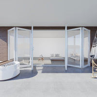 KaMic 192" x 80" 6 Panels Aluminum Folding Doors in White, Folded Out from Dual Open Model #: FD6PWH19280-DO