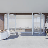 KaMic 192" x 80" 6 Panels Aluminum Folding Doors in White, Folded Out from Dual Open Model #: FD6PWH19280-DO