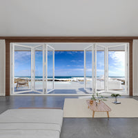 KaMic 192" x 80" 6 Panels Aluminum Folding Doors in White, Folded Out from Dual Open Model #: FD6PWH19280-DO
