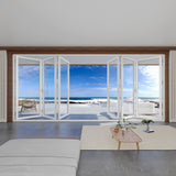 KaMic 192" x 80" 6 Panels Aluminum Folding Doors in White, Folded Out from Dual Open Model #: FD6PWH19280-DO