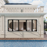 KaMic Versa-Fold 96" x 36" 4 Panels Aluminum Folding Window in Black, Folded Out from Dual Open Model #: FW4PBK9636-DO